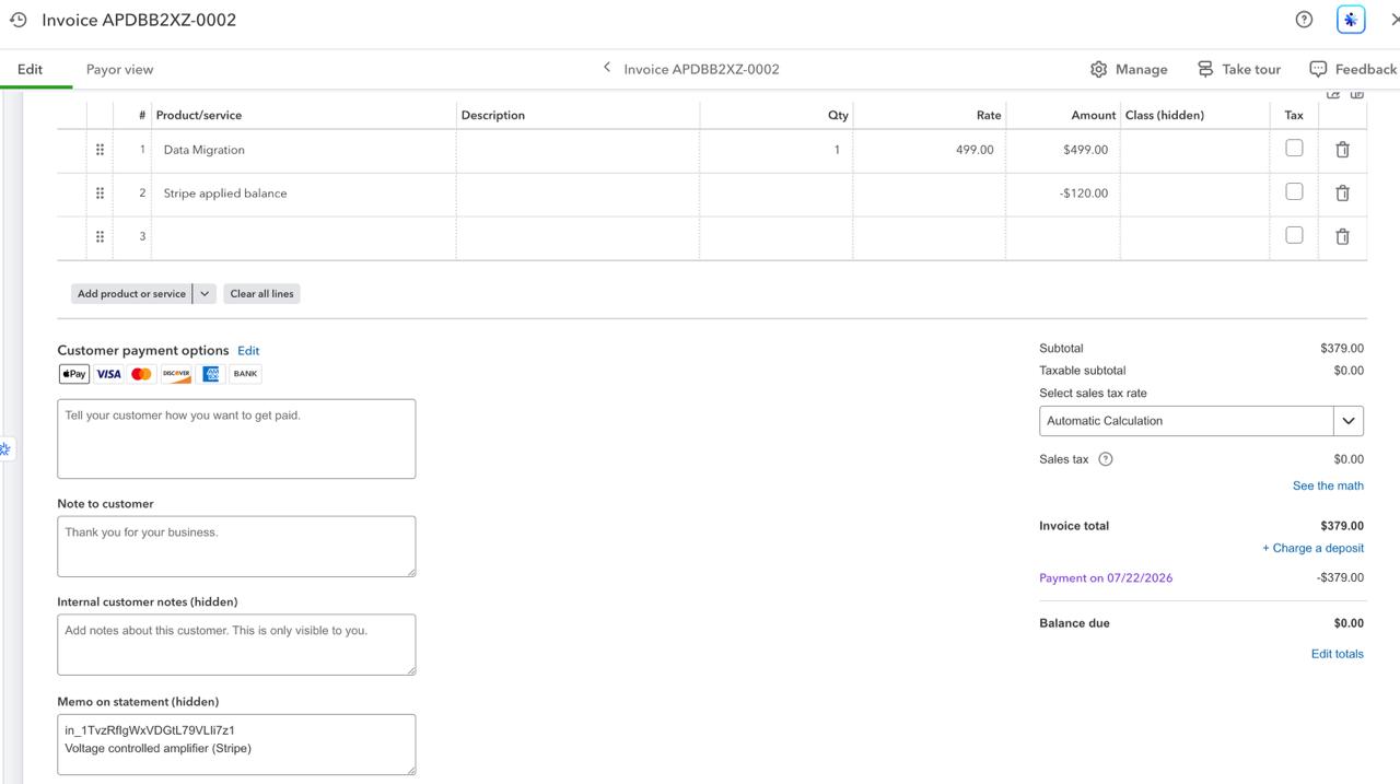 QBO invoice showing Data Migration $499, Stripe applied balance −$120, invoice total $379, payment on 07/22/2026 −$379, balance due $0.00