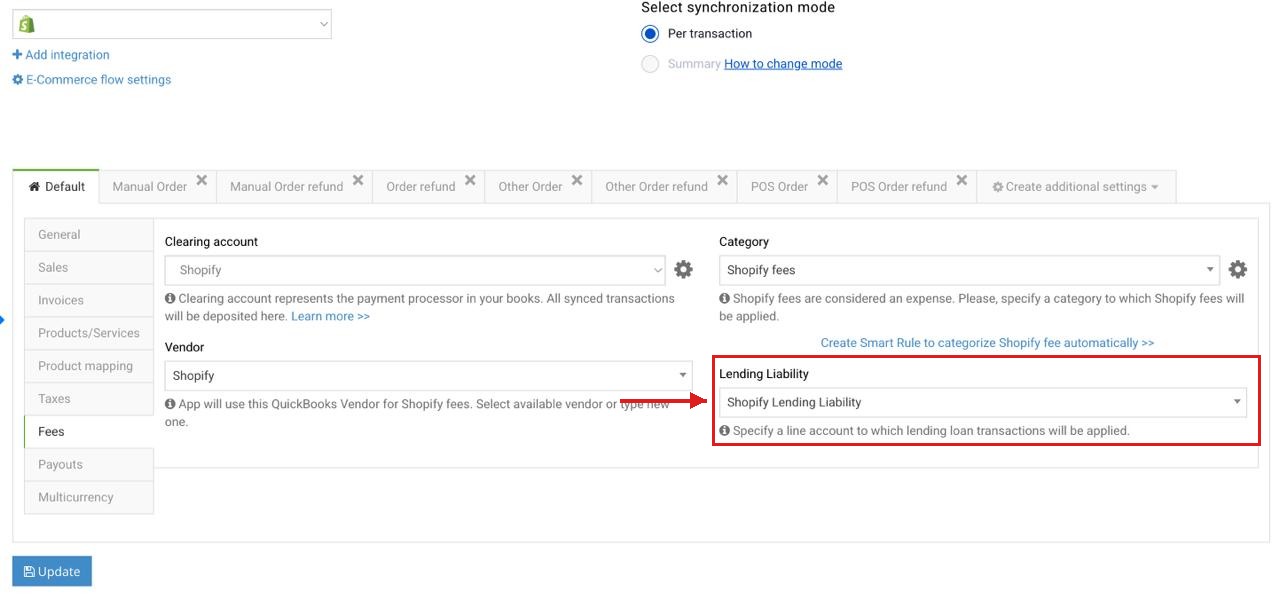 Lending capital loan field in Shopify Fees settings in Synder