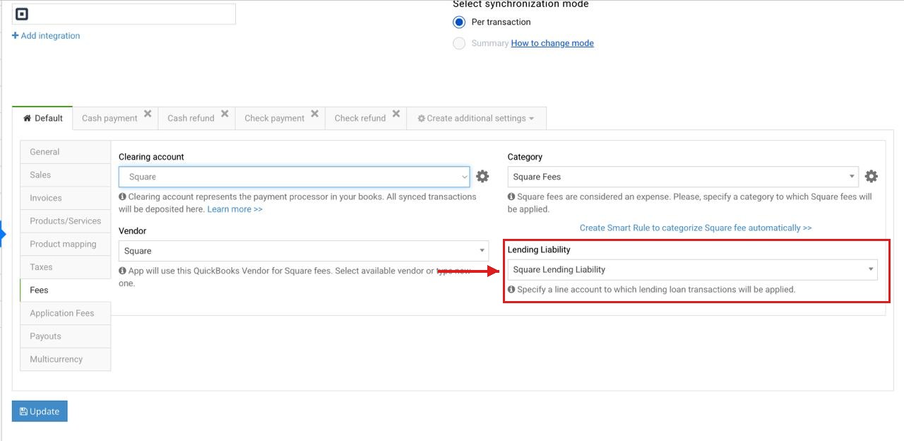 Lending liability field in Square Fees settings in Synder