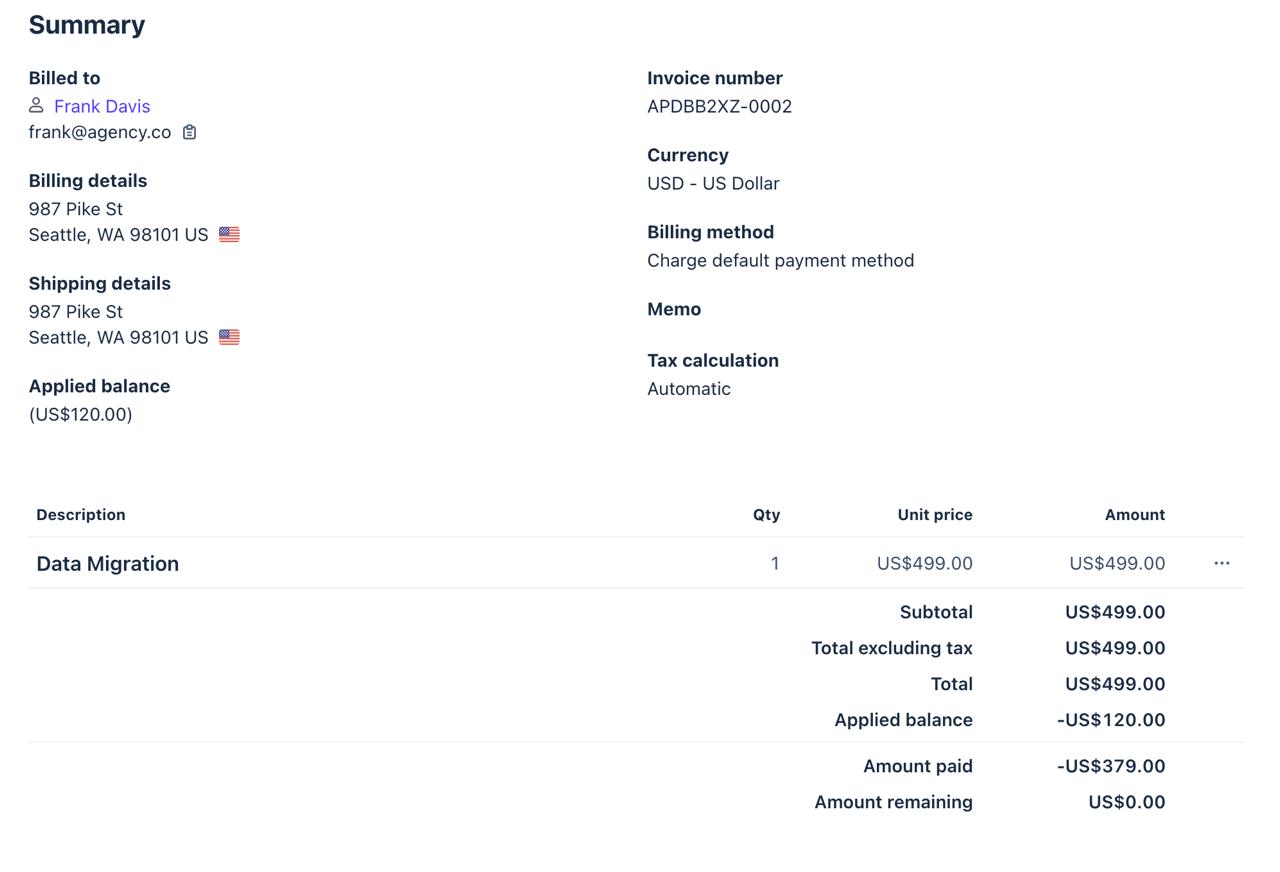 Stripe invoice APDBB2XZ-0002 showing $499 total, $120 applied customer balance, $379 charged to card, $0 remaining