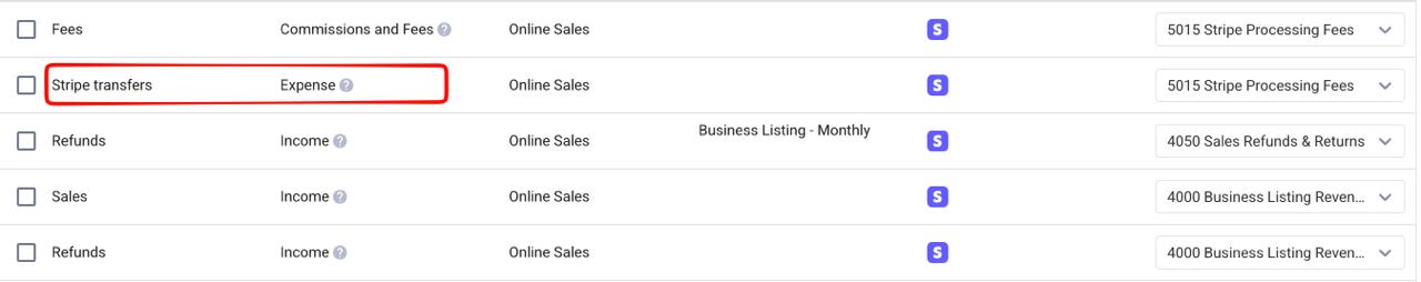 Synder mapping groups showing Stripe Transfers row mapped to Stripe Processing Fees account