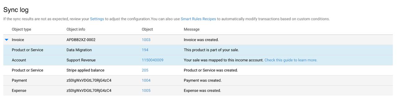 Synder sync log showing objects created: invoice APDBB2XZ-0002, Stripe Applied Balance product, payment, and expense
