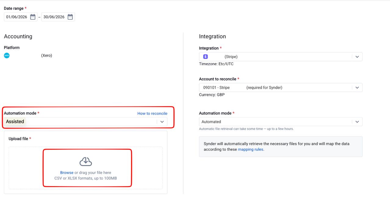 Synder Transaction Reconciliation with Xero and Assisted automation mode selected
