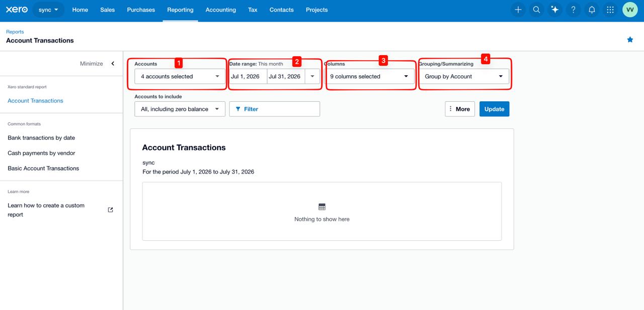 Xero Account Transactions report settings with four required accounts selected