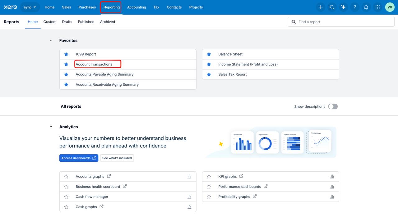 Xero Reporting menu with Account Transactions report selected