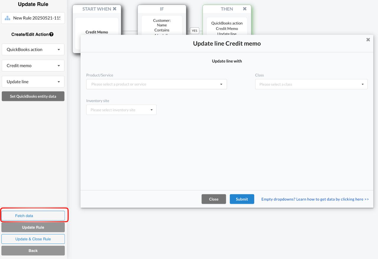 Smart Rules sidebar showing the Fetch data button with empty dropdowns hint