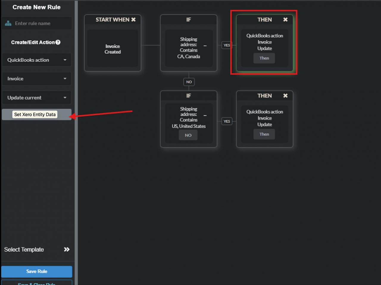 Smart Rules THEN block showing Set Xero Entity Data option highlighted in the left panel