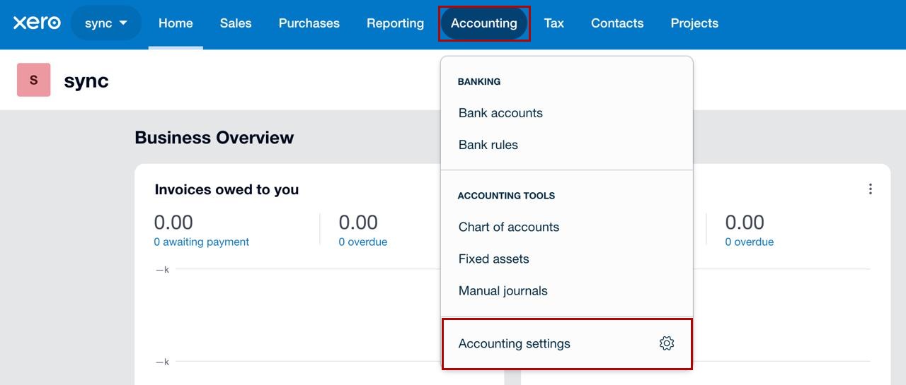 Xero Accounting menu open with the Accounting tab and Accounting settings highlighted in red