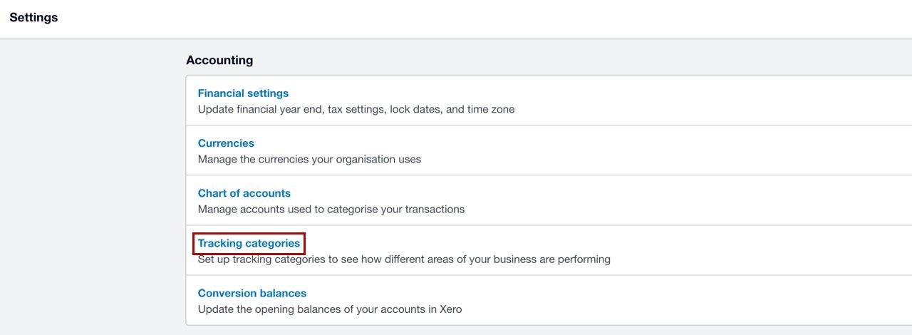 Xero Accounting settings page with the Tracking categories link highlighted in red