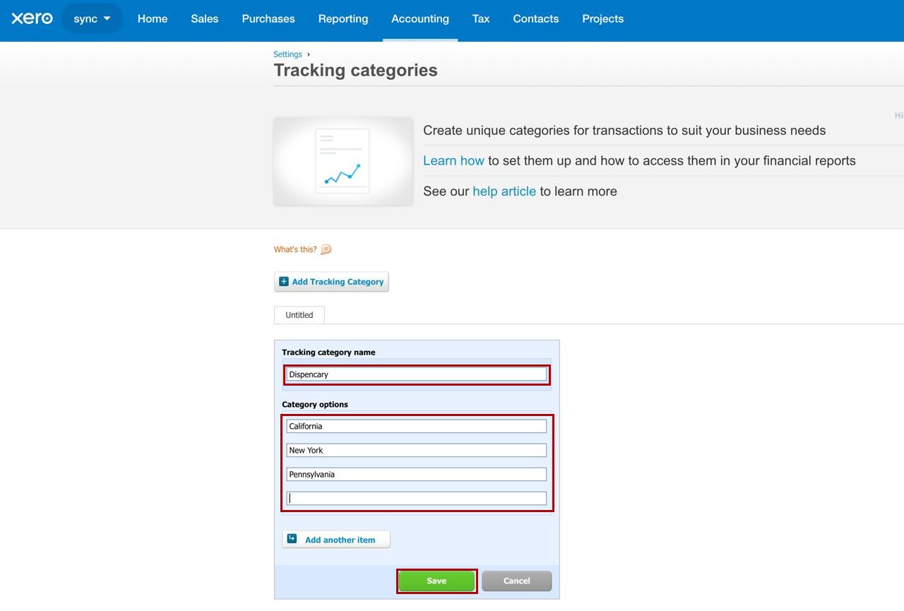 Xero tracking category form with the category name field, Category options and the Save button highlighted in red