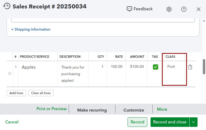 QuickBooks Online sales receipt with the Fruit class applied to the apples line by Synder Smart Rules