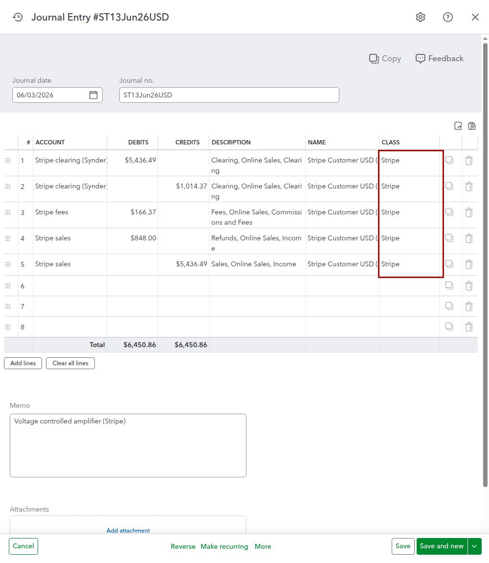 Classes applied to a Synder summary in QuickBooks Online