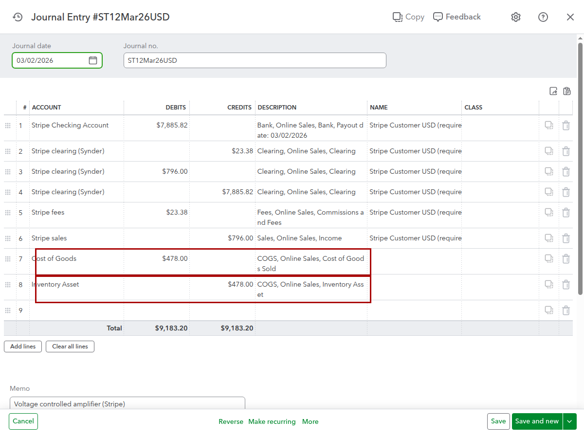 COGS posted to QuickBooks Online from a Synder summary