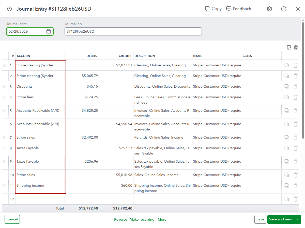 Synder summary journal entry in QuickBooks Online with each mapping group posted to its own account