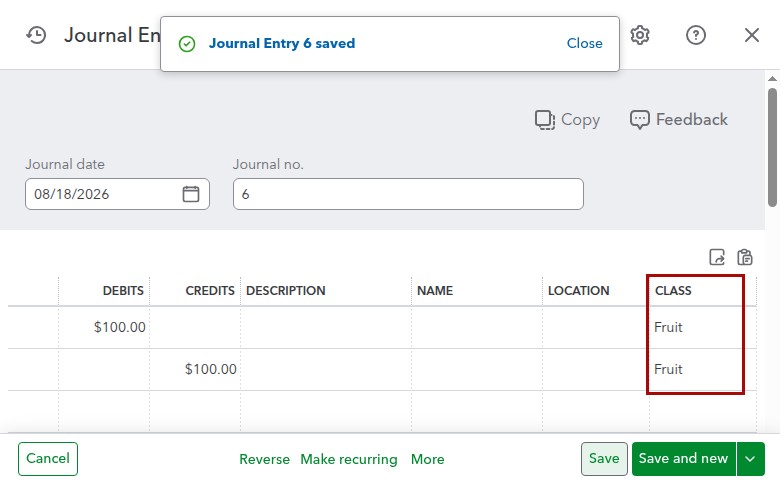 QuickBooks Online Revenue Recognition journal entry with the Fruit class applied to each line by Synder Smart Rules