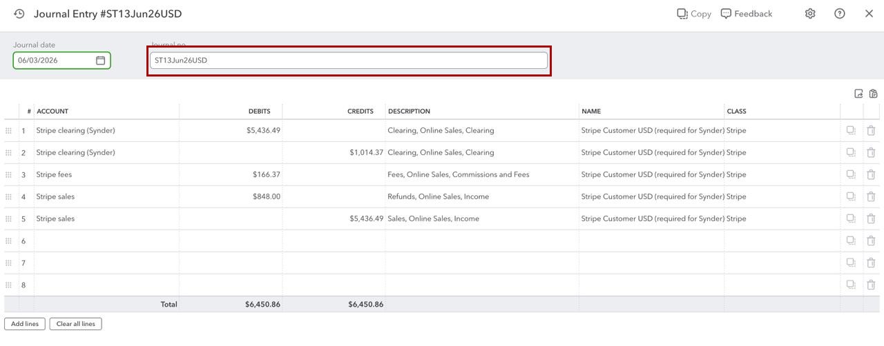 Synder-formatted Journal Entry number ST13Jun26USD in QuickBooks Online