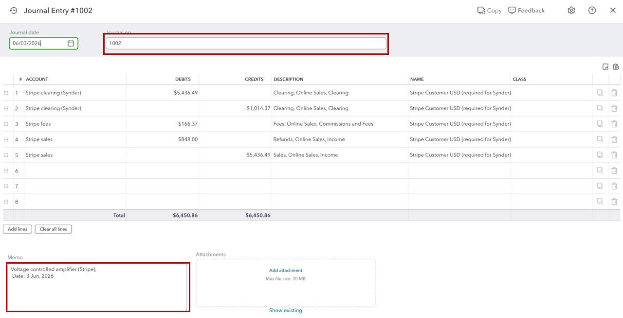 QuickBooks Online Journal Entry 1002 with integration and date in the Memo field after enabling the setting
