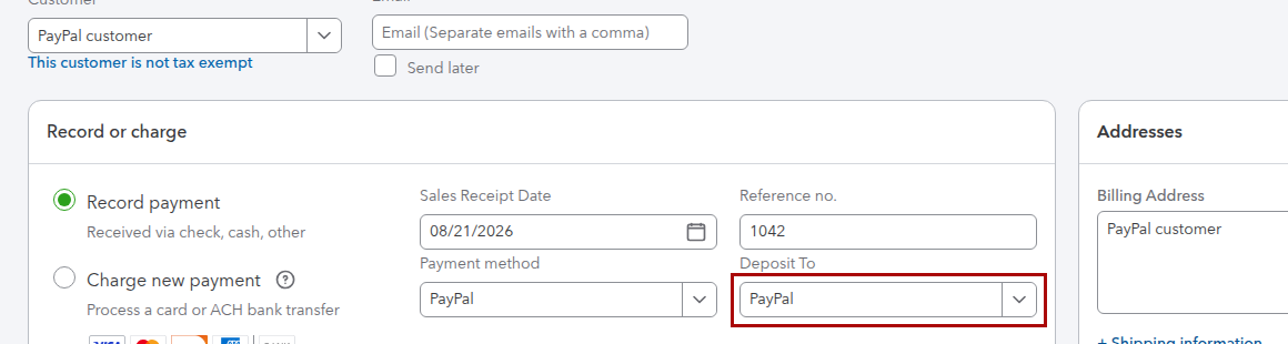 QuickBooks Online Sales Receipt for a PayPal sale showing the Deposit To clearing account