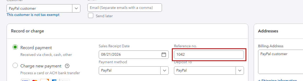 QuickBooks Online Sales Receipt from a PayPal sale with the QuickBooks Reference no. populated