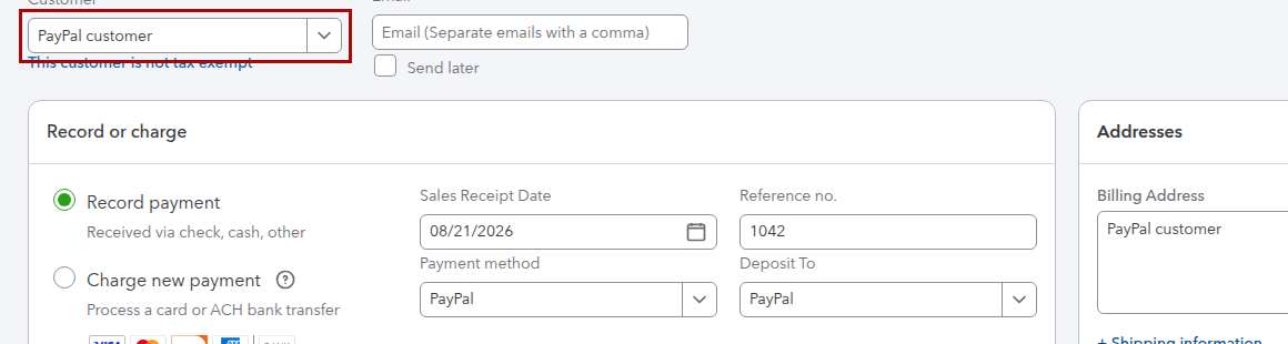 QuickBooks Online Sales Receipt from a PayPal sale booked to a generic customer name