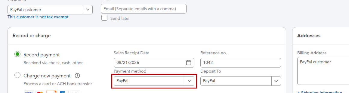 QuickBooks Online Sales Receipt from a PayPal sale showing the Payment method field