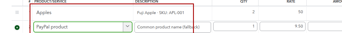 QuickBooks Online Sales Receipt line items showing an original product name with SKU and a common product name