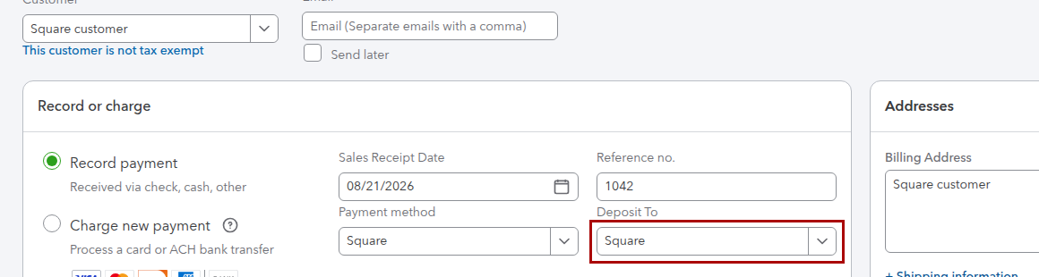 QuickBooks Online Sales Receipt for a Square sale showing the Deposit To clearing account