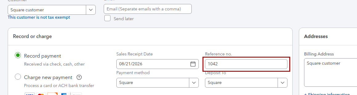 QuickBooks Online Sales Receipt from a Square sale with the QuickBooks Reference no. populated