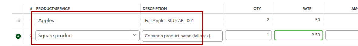 QuickBooks Online Sales Receipt line items showing an original product name with SKU and a common product name