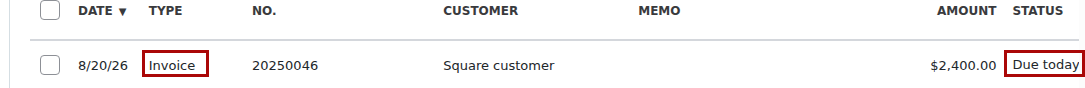 QuickBooks Online sales list showing a Square sale posted as an open Invoice