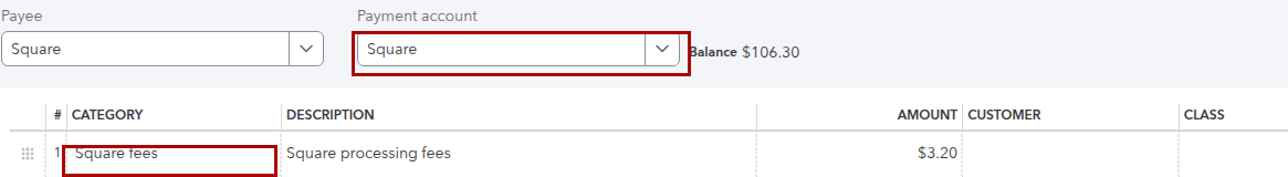 QuickBooks Online Expense recording a Square processing fee paid from the Square clearing account
