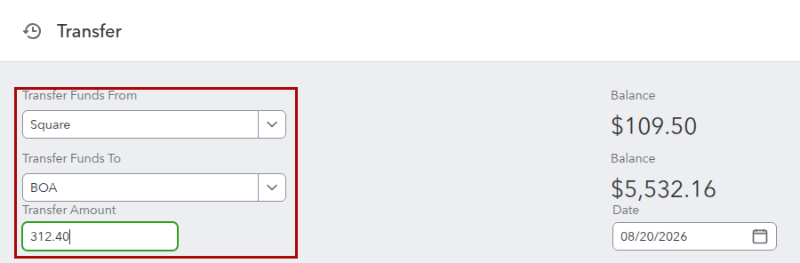 QuickBooks Online Transfer moving a Square payout from the Square clearing account to checking