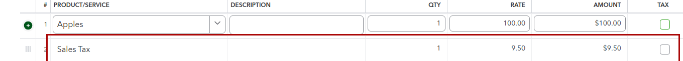 QuickBooks Online sales receipt showing sales tax recorded as a separate line item