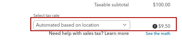 QuickBooks Online sales receipt showing sales tax recorded in the dedicated tax field