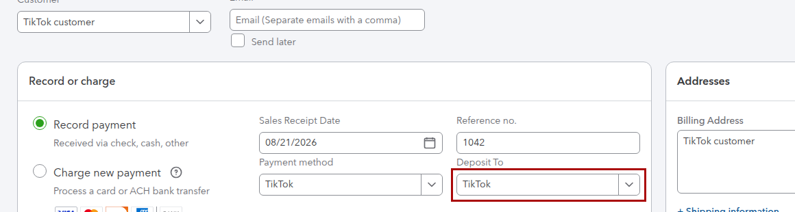 QuickBooks Online Sales Receipt from a TikTok sale deposited into the clearing account
