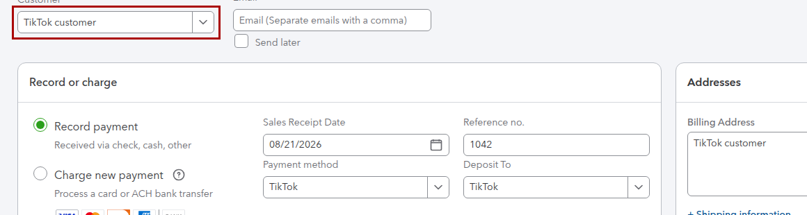 QuickBooks Online Sales Receipt from a TikTok sale booked to a generic customer name
