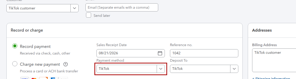 QuickBooks Online Sales Receipt from a TikTok sale showing the Payment method field