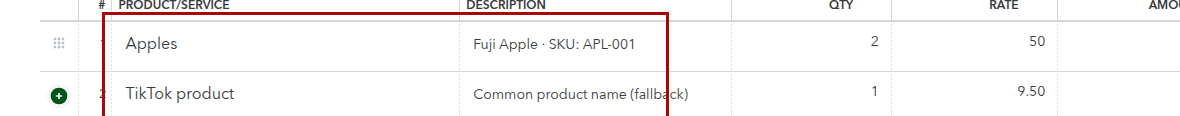 QuickBooks Online Sales Receipt line items showing an original product name with SKU and a common product name
