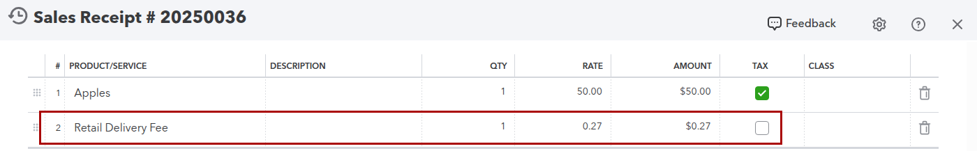 QuickBooks Online sales receipt with the Colorado Retail Delivery Fee posted as a separate non-taxable line item