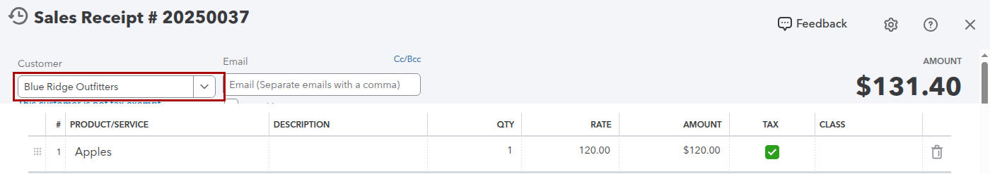 QuickBooks Online sales receipt showing the customer name Blue Ridge Outfitters synced from Stripe