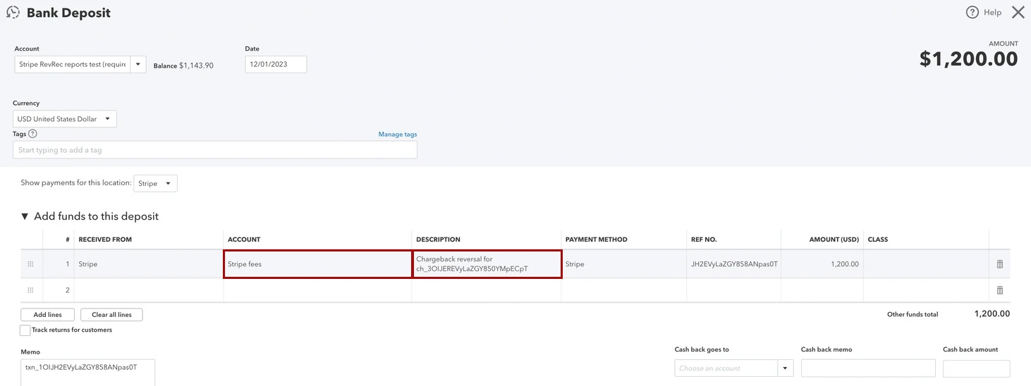 QuickBooks Online bank deposit for a chargeback reversal with the account and description highlighted in red