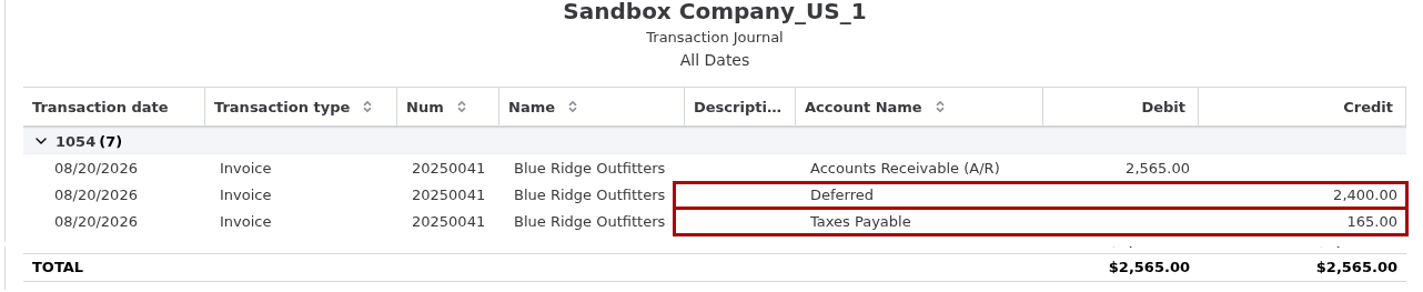 QuickBooks Online invoice Transaction Journal showing the subscription line posting to Deferred Revenue and the excluded tax line posting to Taxes Payable