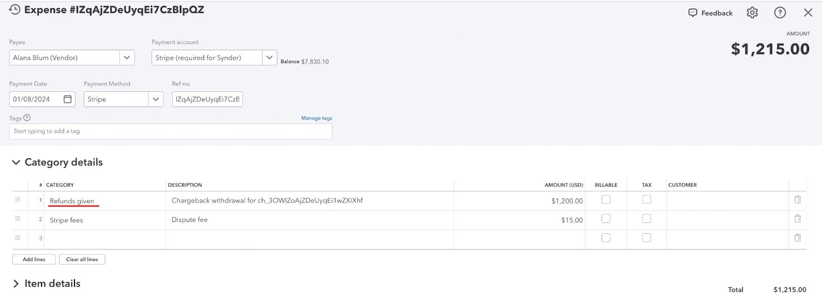 QuickBooks Online expense after the Smart Rule ran, with the chargeback line categorized to Refunds given
