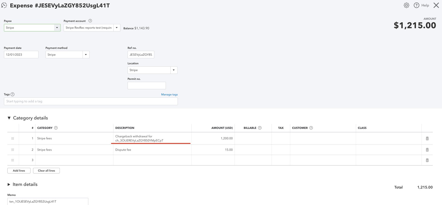 QuickBooks Online expense for a Stripe chargeback withdrawal, both lines posted to the default Stripe fees account
