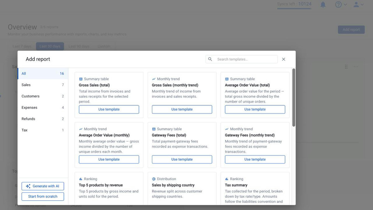 Add report dialog in Synder Analytics showing category filters, template grid, Generate with AI, and Start from scratch