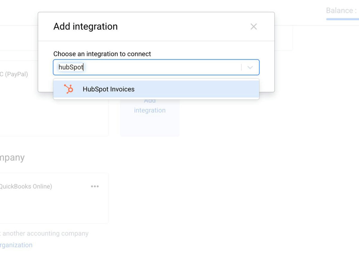 Add integration dialog in Synder showing HubSpot Invoices in the dropdown