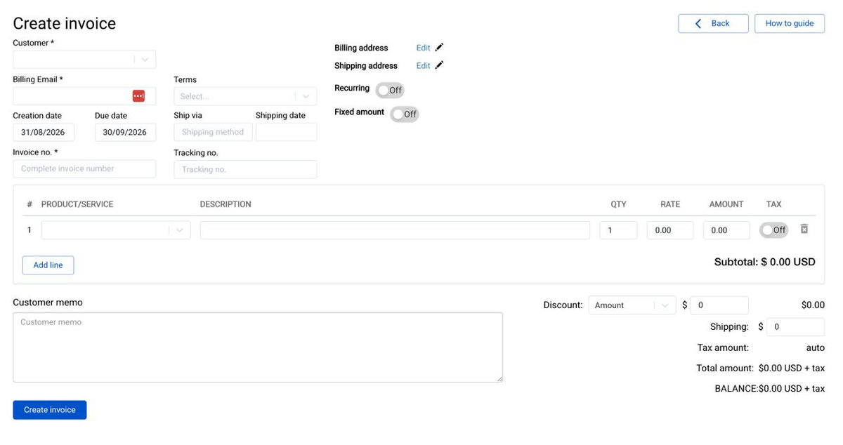 Create invoice screen in Synder showing the Fixed amount toggle set to Off