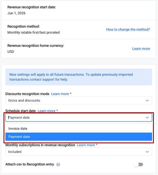 Schedule start date setting in Synder RevRec Recognition settings, showing the Invoice date and Payment date dropdown options