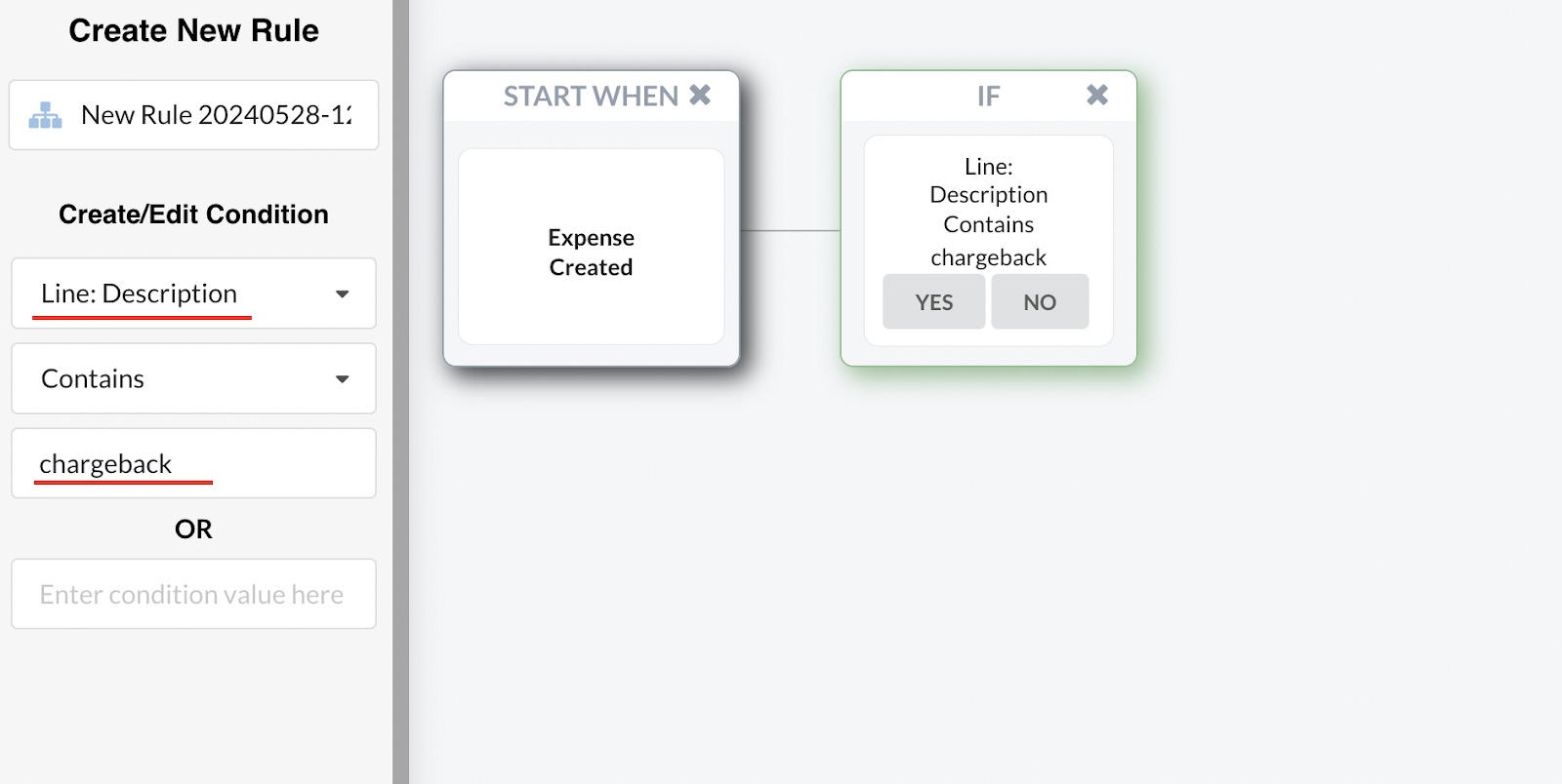 Synder Smart Rules condition set to Line: Description Contains chargeback