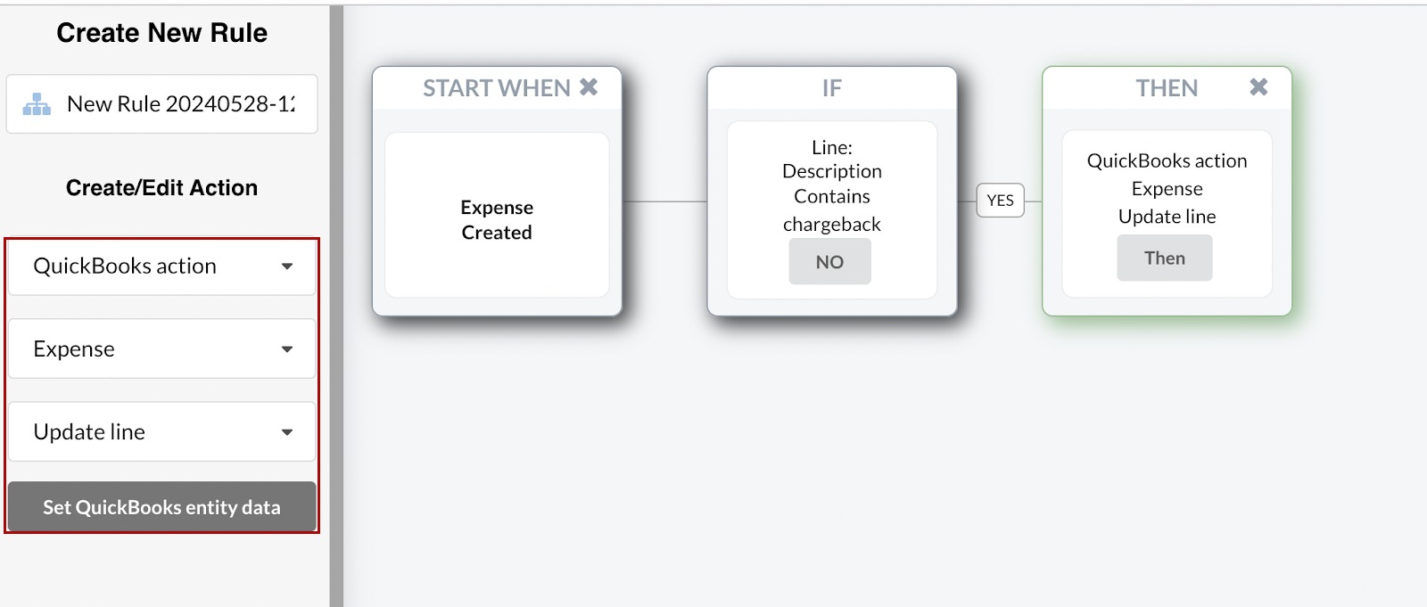 Synder Smart Rule for an Expense Created trigger with the QuickBooks action, Expense and Update line dropdowns highlighted in red
